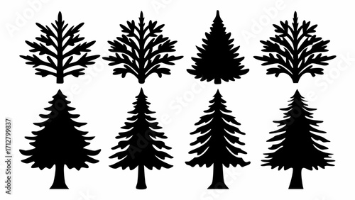 Diverse collection of stylized evergreen tree silhouettes for versatile design applications