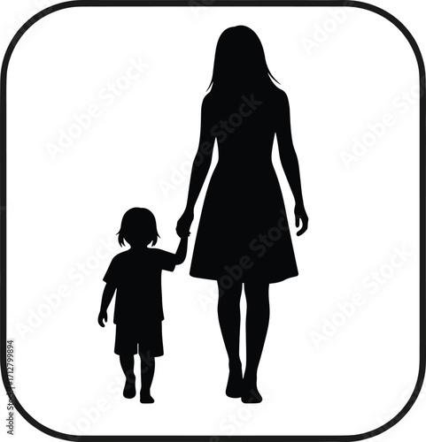 Silhouette illustration of mother holding child hand, family care and parenting concept, parent walking with kid symbol, vector graphic design art