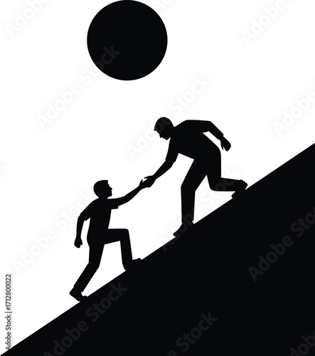 Silhouette teamwork on mountain, helping hand concept, black and white vector, perseverance, support, unity, leadership, success, inspirational illustration, minimal design