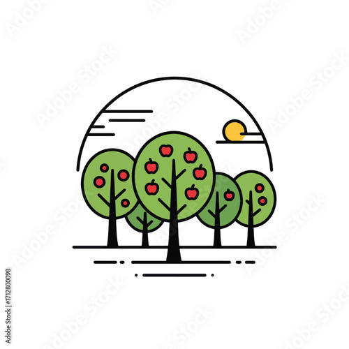 Stylized Apple Orchard with Ripe Red Apples on Trees.