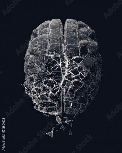 Abstract Broken Brain Model with Cracked Surface on Dark Background