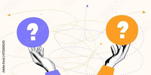 Making choice, decision, dilemma concept. Halftone collage human hands choose from two options, opportunities. Modern retro vector illustration