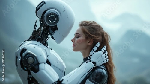 Robot and woman embrace