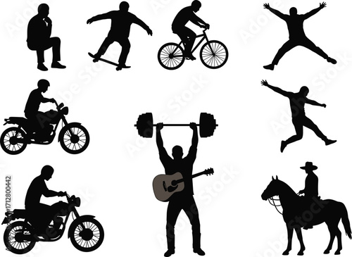 Silhouette illustration set, people activities collection with skateboarding, cycling, weightlifting, horseback riding, motorcycle, dancing, jumping, guitar playing, thinking pose