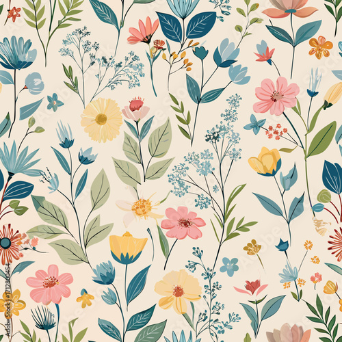 Wallpaper Mural Seamless pattern of diverse wildflowers and leaves in pastel colors floral pattern botanical Torontodigital.ca