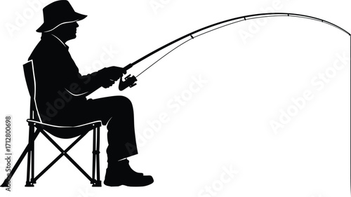 A man in a hat is calmly fishing with a fishing rod, sitting in a folding chair. Vector illustration for hobbies, recreation, and outdoor sports content.