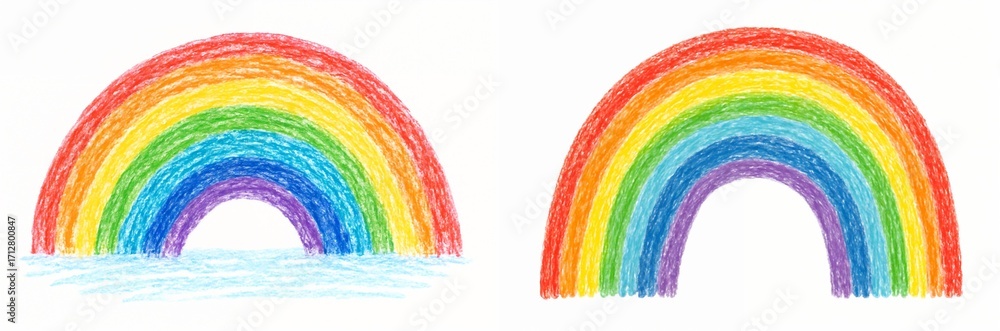 Obraz premium Set of Colored pencil illustrations of rainbows by child aged 8-9 years 