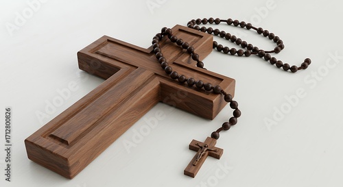 Wooden cross with rosary beads resting on surface