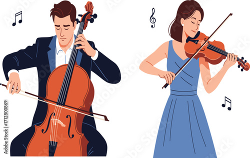 Classical music performance, cello and violin duet, elegant musicians playing string instruments, orchestral harmony, concert stage, musical notes, formal attire