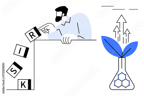 Man topples risk blocks, symbolizing control and decision-making, while a plant grows from a flask, representing innovation, growth, and sustainable solutions. Ideal for business, strategy