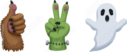 Halloween monster hands and ghost cartoon illustration, werewolf thumbs up, Frankenstein peace sign, spooky floating ghost clipart for funny horror design and decoration
