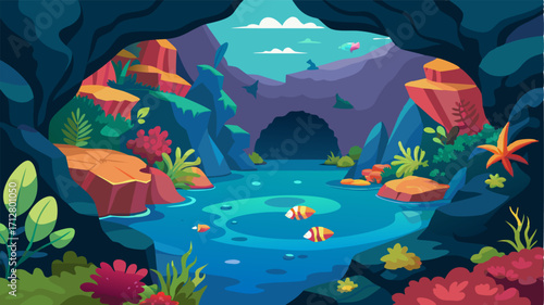 A hidden lagoon tucked away in a rocky alcove teeming with vibrant coral and schools of tropical fish.