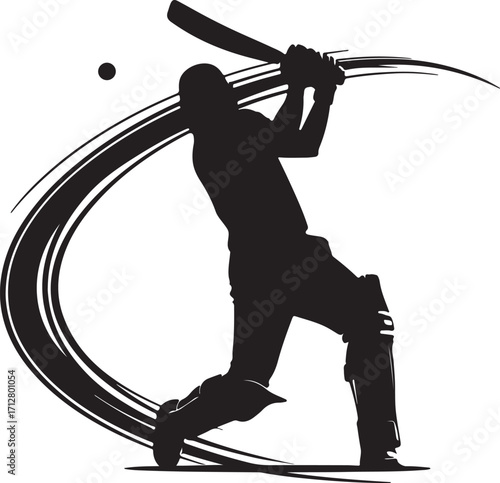 Silhouette of a Cricket Player Swinging Bat with Swirling Lines on White Background batsman