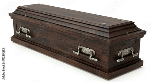 Rich brown wooden coffin with silver handles isolated on white background