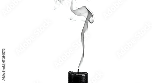 Black candle with smoke rising, isolated on white background