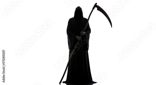 Silhouette of the grim reaper with a scythe isolated on white background