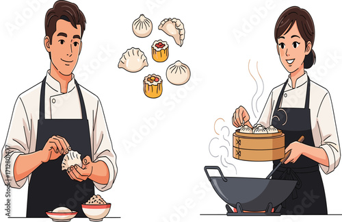 Asian chef, dumpling making, dim sum preparation, bamboo steamer, traditional cooking, culinary art, kitchen scene, food culture, steaming, handmade