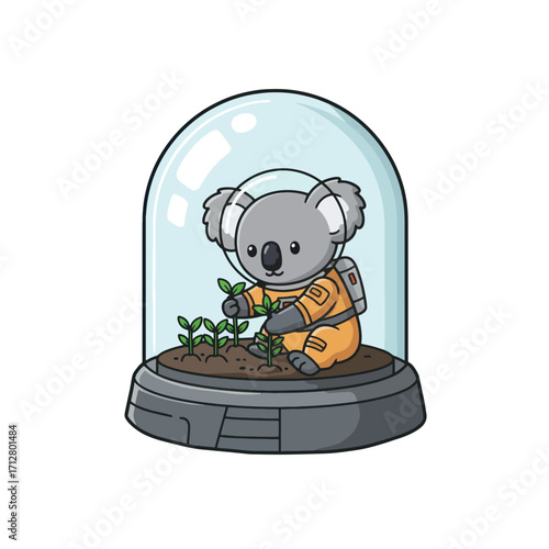 Cute Koala Astronaut Planting a Seedling in a Biodome.