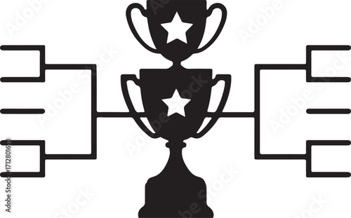 Tournament bracket with three trophies and stars on white background Keywords: tournament bracket, competition, sports, championship, trophy, winner, award, victory, success, contest, game