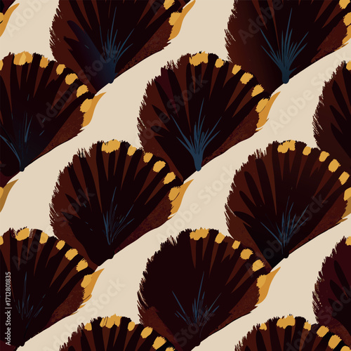 Seamless pattern of dark brown and gold fan-shaped elements background texture