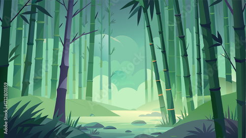 A gentle mist filters through the bamboo grove creating a dreamy and ethereal ambiance.