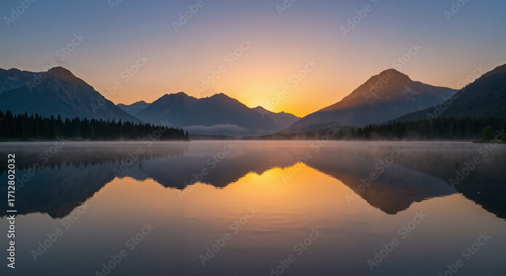 Fototapeta premium Serene sunrise over mountains reflecting on still lake water 