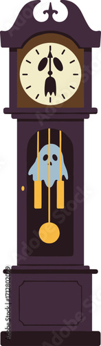 Haunted grandfather clock with spooky ghost inside, eerie vintage timepiece illustration, creepy Halloween clipart for haunted house design and scary decoration artwork
