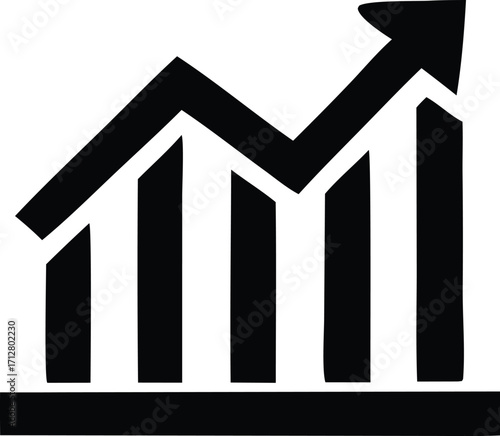 Black and white graphic depicting an upward trending bar chart with an arrow signifying financial growth success and progress