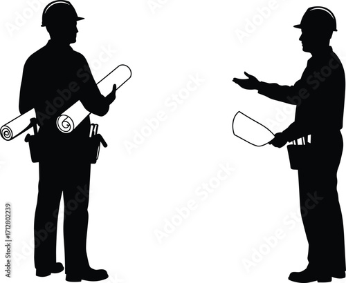 Silhouette construction workers discussing project, blueprint and clipboard, teamwork planning engineering, building site labor, industrial occupation profession illustration art