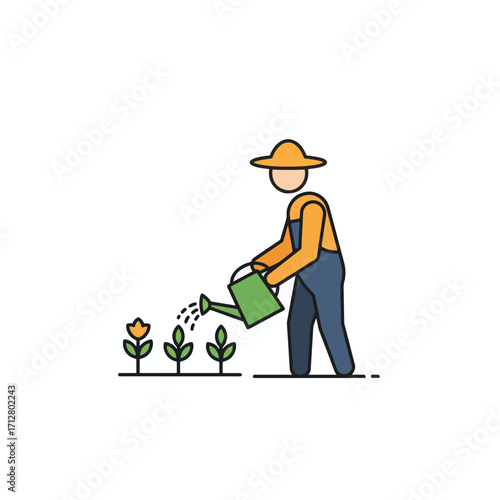 Gardener watering plants in a garden with a watering can.