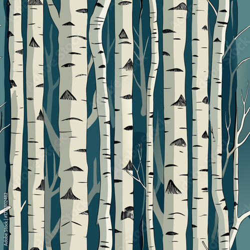 Seamless pattern of birch tree trunks with dark blue background bark texture