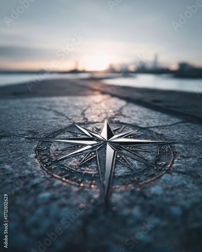 Detailed Compass Rose on Stone with Scenic Background at Dusk