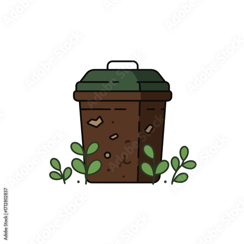 A brown compost bin with a green lid surrounded by small green plants.