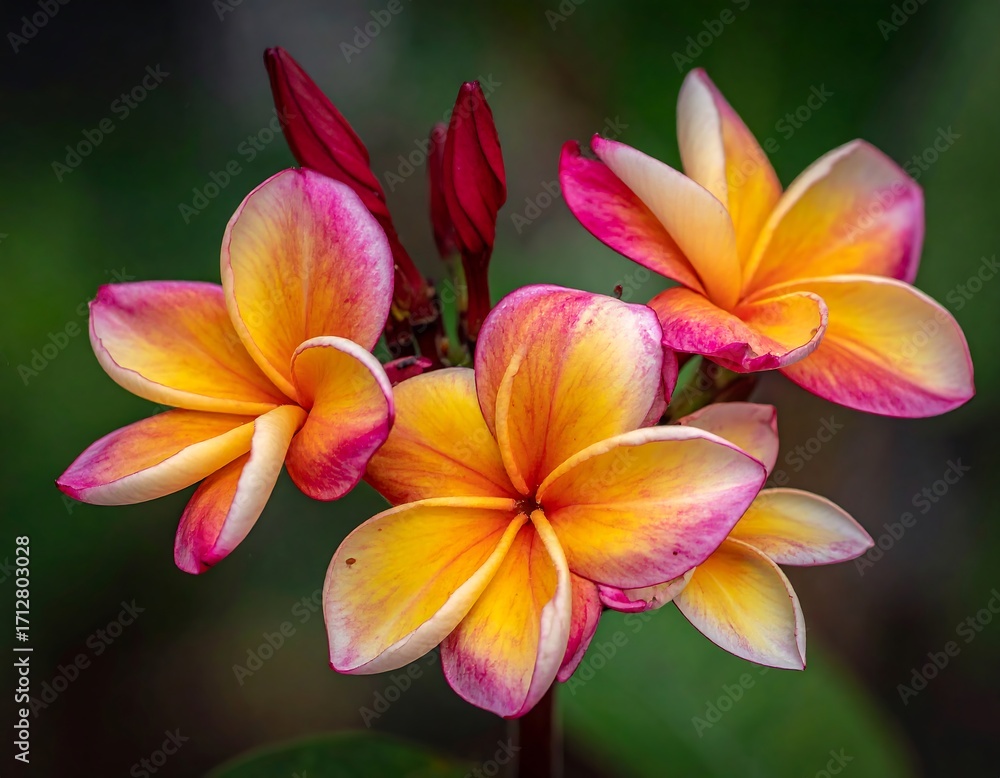Fototapeta premium Vibrant plumeria blossoms in a close-up shot