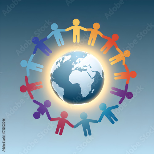 Illustration of global earth and transparent file isolated figures holding hands around the world with beautiful snowflakes