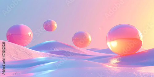 Surreal digital dreamscape with glowing orbs floating above soft, rolling hills at sunset