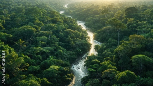 Lush green rainforest river valley
