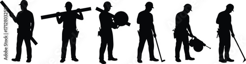 Silhouette construction workers holding tools materials, carpentry building site labor, industrial teamwork, maintenance repair occupation profession, manual trade craftsmanship illustration