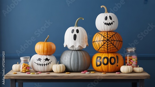 Stacked Halloween Pumpkins and Candy Jars ghost