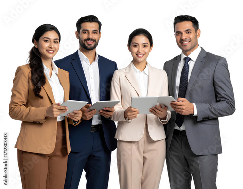 Confident Business Team Holding Tablets on Transparent Background.