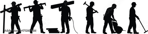 Silhouette construction workers using tools, carrying beams, hammering, sawing, cleaning, building site labor, industrial teamwork, maintenance repair occupation profession