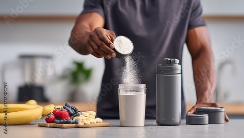 Man adding protein powder to smoothie shaker with fruits, bananas, blender, and water bottle on kitchen counter