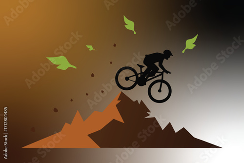 International Mountain Day Mountain Biker Jump with Flying Debris and Nature Vector
