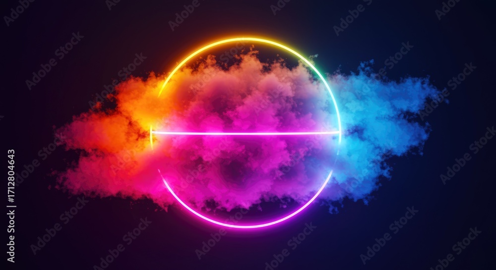 Fototapeta premium Abstract Neon Circle in Colorful Smoke Clouds vibrant energy dynamic background design illustration digital art graphic texture light