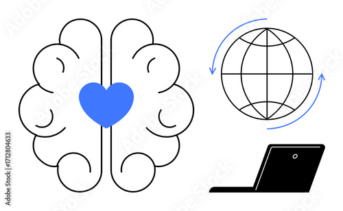 Abstract brain with heart icon, globe with arrows symbolizing global ideas, laptop representing technology. Ideal for innovation, global communication, technology, networking, creativity, education