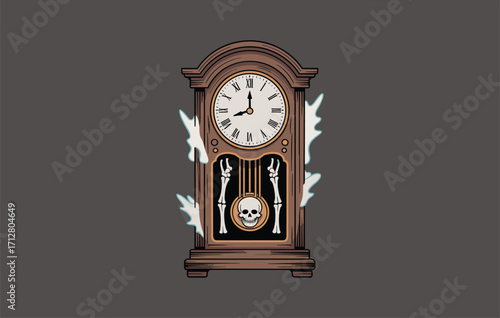 Creepy Halloween grandfather clock with skull pendulum, skeleton bones, haunted ghost smoke, spooky horror design, gothic vintage decoration, scary midnight countdown illustration