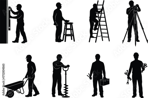Silhouette construction workers using tools, ladder, wheelbarrow, surveying equipment, auger, toolbox, wrenches, building site labor, industrial teamwork, engineering, maintenance, repair