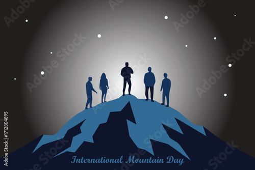 International Mountain Day Climbers on Summit with Starry Mountain View Vector