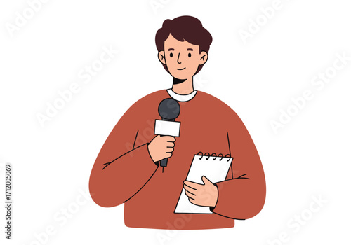 Male reporter character speaking with microphone, flat icon