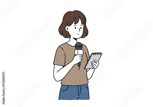 Minimalist female journalist with microphone and notepad icon